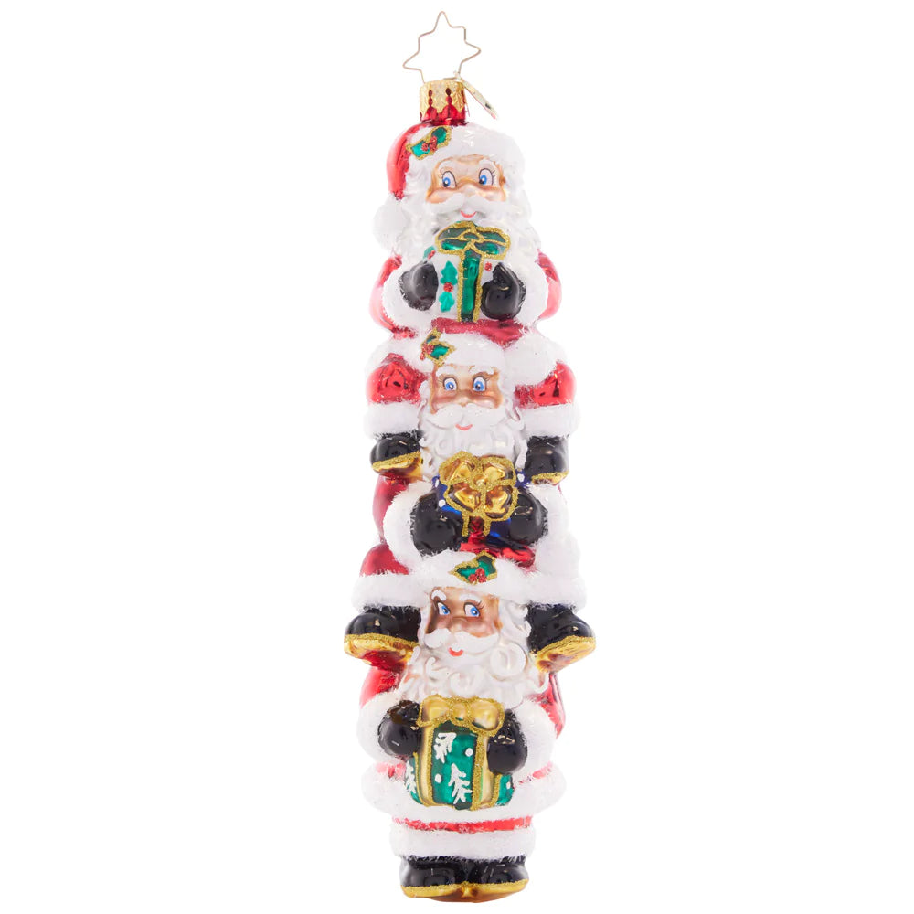 Front - Ornament Description - Three Nicks Are Better Than One: Triple-decker Santas means triple the holiday fun! This silly stack of St. Nicks is a unique and cheerful addition to any tree.