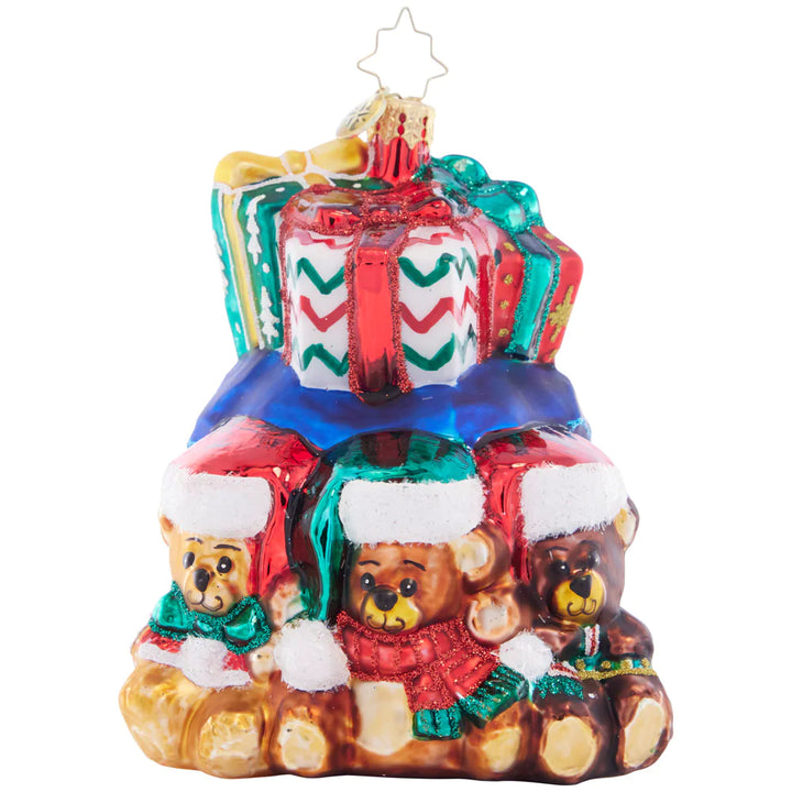 Front - Ornament Description - Bear Hugs Abound: Three little bears surround this bag of ornately decorated Christmas gifts – the cutest addition to your tree!