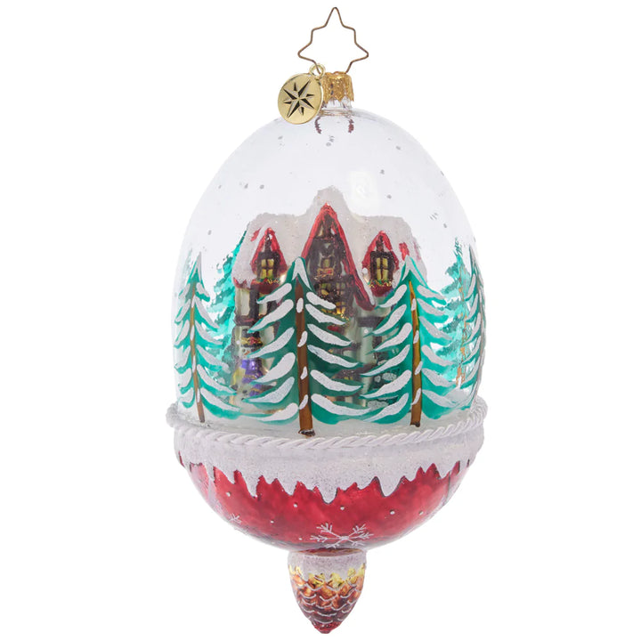 Front - Ornament Description - Winter Cottage Hideaway: Ensconced within a snow-filled dome, this cozy chalet surrounded by pine trees makes for a stunning winter scene. This special ornament has been hand-picked by the Radko team to be part of the Limited Edition collection.