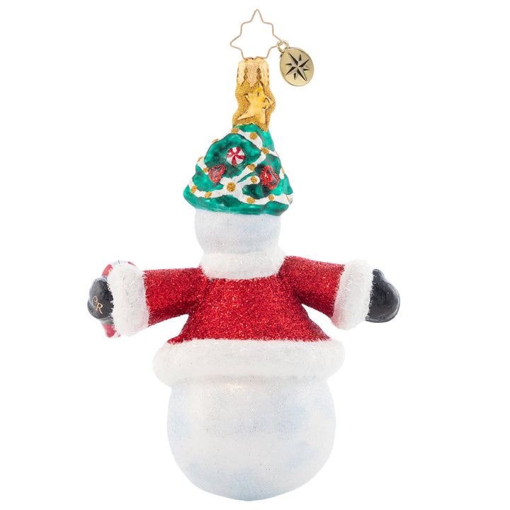 Back - Ornament Description - Frosty Winter Welcome: With arms spread wide in a Christmas Day greeting, this smiling snowman is giving a warm welcome to everyone he's meeting.