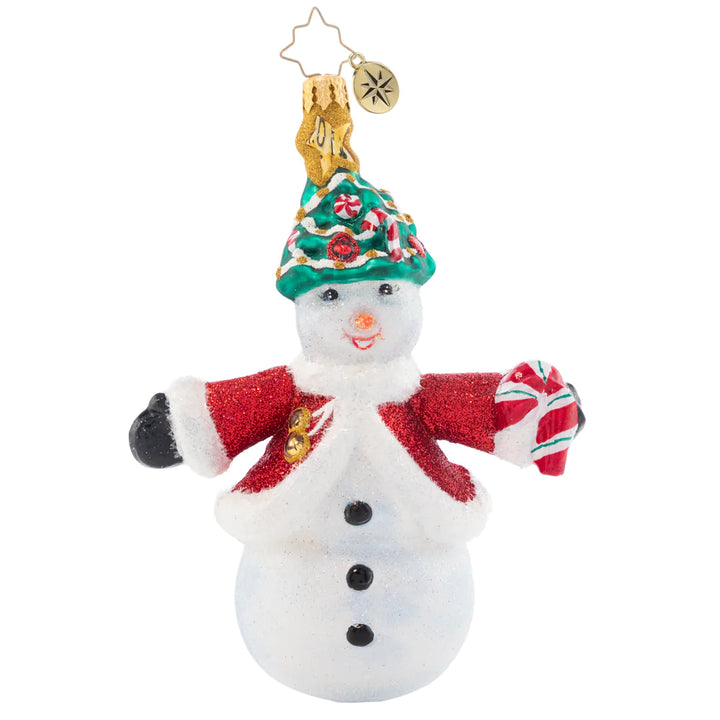 Ornament Description - Frosty Winter Welcome: With arms spread wide in a Christmas Day greeting, this smiling snowman is giving a warm welcome to everyone he's meeting.