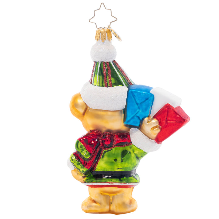 Back - Ornament Description - Beary Good Helper: Dressed in his finest elf attire, this sweet little bear is delivering Christmas lists to Santa!