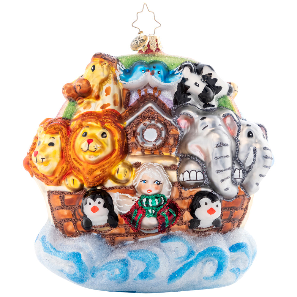 Back - Ornament Description - Two By Two: The bounty of animals has boarded Noah's ark, joining Santa and Mrs. Claus as they sail towards Christmas! They can't wait to celebrate the reason for the season together.