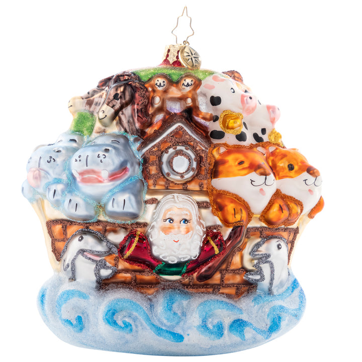 Front - Ornament Description - Two By Two: The bounty of animals has boarded Noah's ark, joining Santa and Mrs. Claus as they sail towards Christmas! They can't wait to celebrate the reason for the season together.