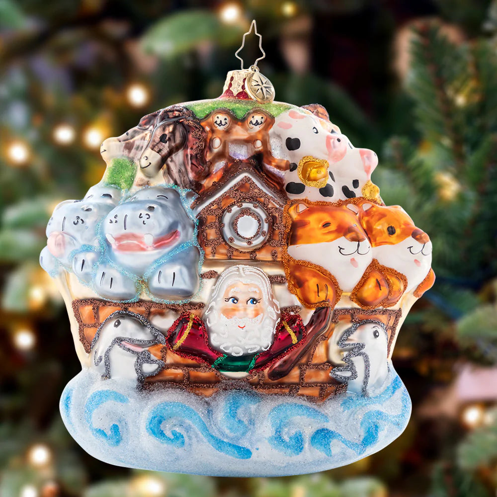 Ornament Description - Two By Two: The bounty of animals has boarded Noah's ark, joining Santa and Mrs. Claus as they sail towards Christmas! They can't wait to celebrate the reason for the season together.