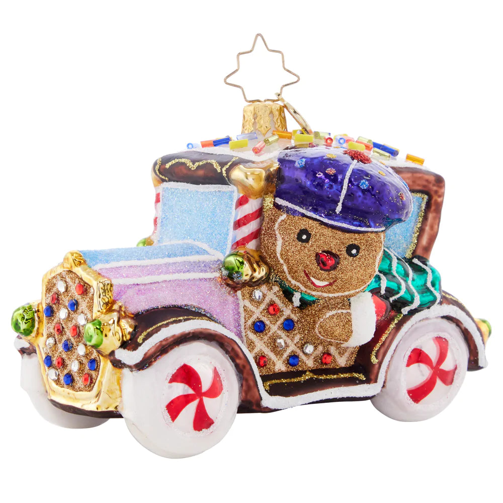Front - Ornament Description - The Treatmobile: Beep beep! With shimmering peppermint rims and gumdrop detailing, this sugar-powered cookie car is one sweet ride.