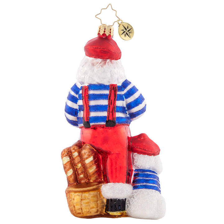 Back - Ornament Description - Pardon My French Santa: Bon jour, Santa Claus! This Santa is looking perfectly posh and Parisian, complete with a bundle of baguettes and a poodle puppy. Joyeux Noel, indeed!