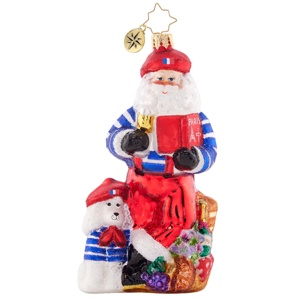 Front - Ornament Description - Pardon My French Santa: Bon jour, Santa Claus! This Santa is looking perfectly posh and Parisian, complete with a bundle of baguettes and a poodle puppy. Joyeux Noel, indeed!