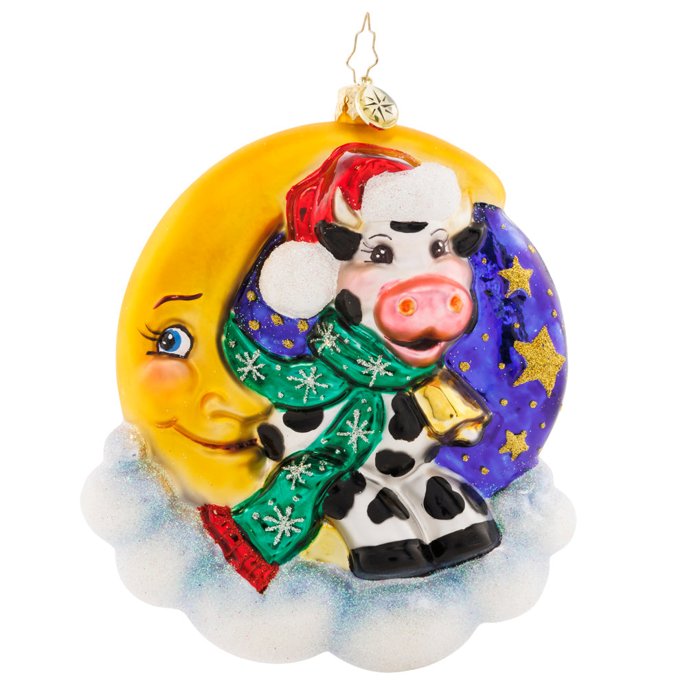 Front - Ornament Description - Over The Moon: Hey diddle, diddle! This little cow is totally over the moon for Christmas. Remember the nostalgic nursery rhyme with this classically cute ornament.