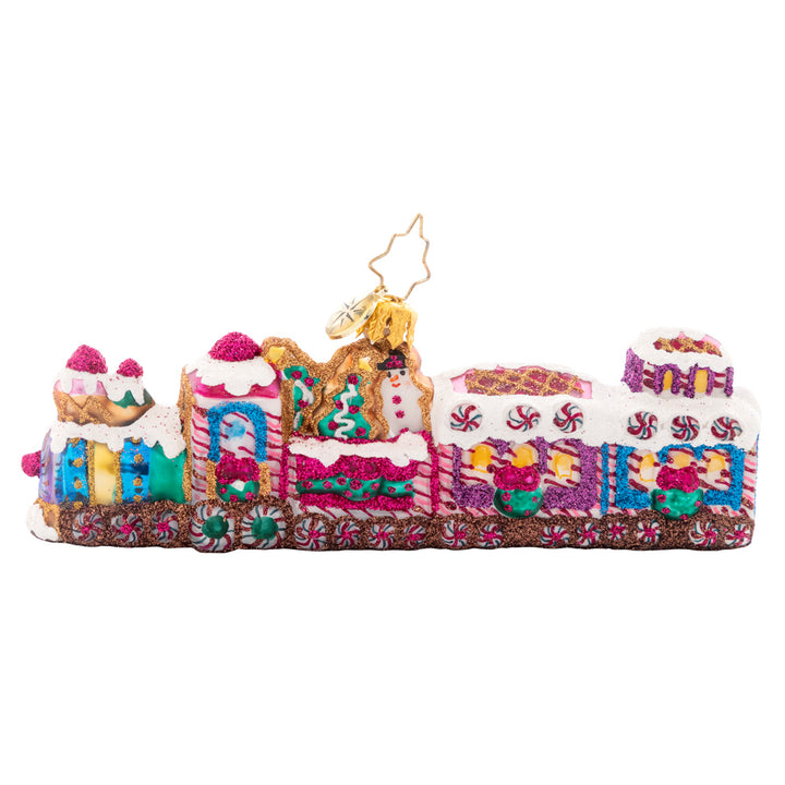 Front - Ornament Description - Sweet Treat Express: All aboard the candy-covered choo choo train! Glistening with gumdrops, peppermints, and radiant-white royal icing, this sweet ride is the perfect transport to your holiday destination.