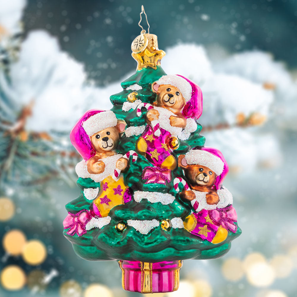 Ornament Description - Merry Christmas Baby! Pink: These pink teddy bears are overjoyed at the best gift of all! The joy of celebrating a new baby girl is a happiness that lasts forever.