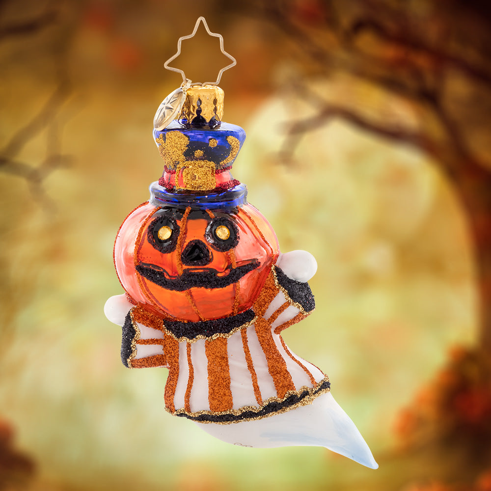 Ornament Description - Spooky Smiles Jack-O-Lantern: Boo, who are you? This ghoul is dressing up as a jack-o'-lantern this halloween, tricking everyone with his creepy and clever costume.
