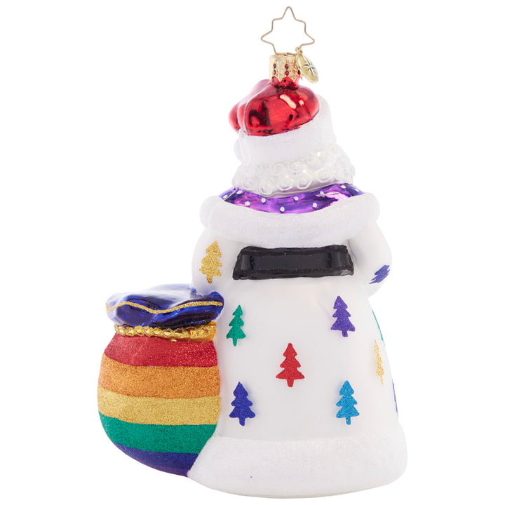 Back - Ornament Description - Pride of Christmas: Santa celebrates progress & PRIDE all year in full stride! With gifts for all his LGBTQIA+ friends, he'll always be one you can depend on. A percentage of the sales from this ornament will benefit LGBTQ+ charities.