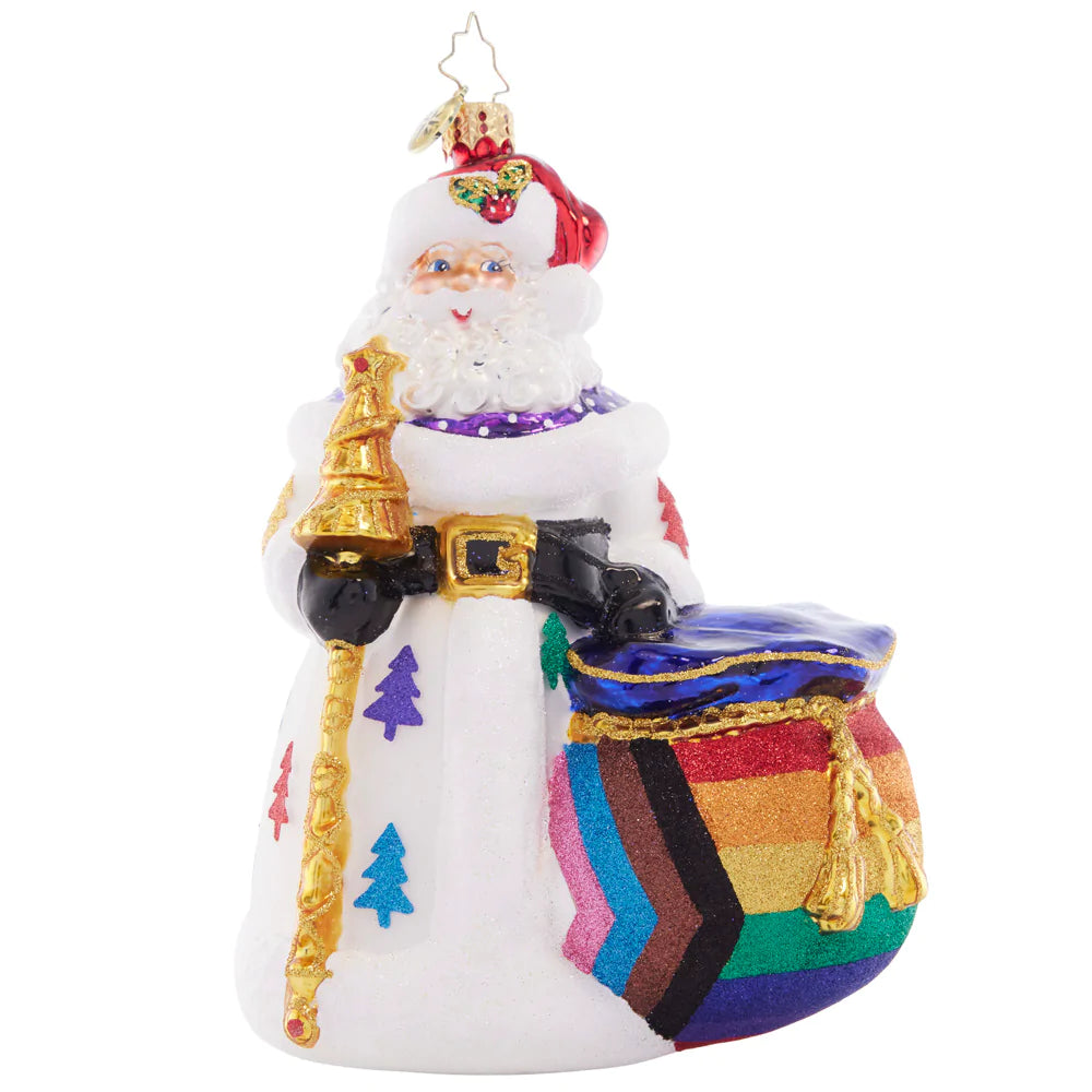 Front - Ornament Description - Pride of Christmas: Santa celebrates progress & PRIDE all year in full stride! With gifts for all his LGBTQIA+ friends, he'll always be one you can depend on. A percentage of the sales from this ornament will benefit LGBTQ+ charities.