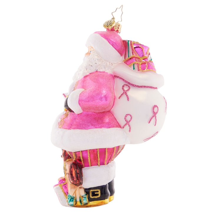 Side View - Ornament Description - Think Pink Santa: Pink is stronger than you think! Santa will always support those near and dear to us in honor of breast cancer awareness. A percentage of sales from this special ornament will benefit Breast Cancer Research.