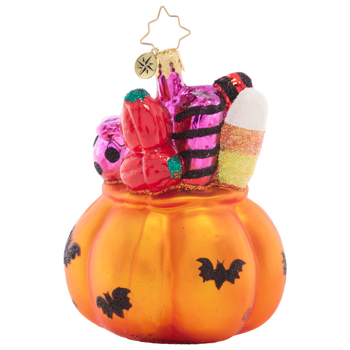 Back - Ornament Description - Trick or Treat Sweets: This ghoulish jack-o-lantern is filled with tricks and treats – take a handful if you dare!