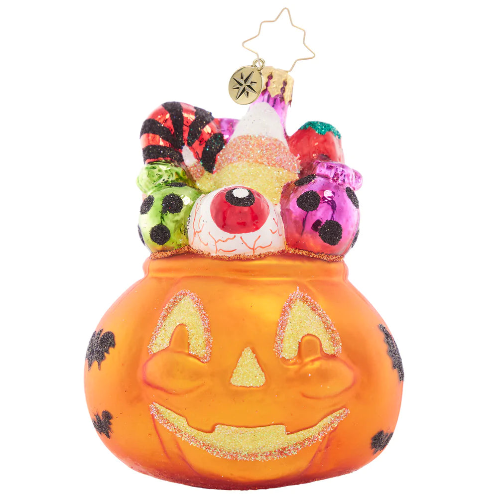 Front - Ornament Description - Trick or Treat Sweets: This ghoulish jack-o-lantern is filled with tricks and treats – take a handful if you dare!