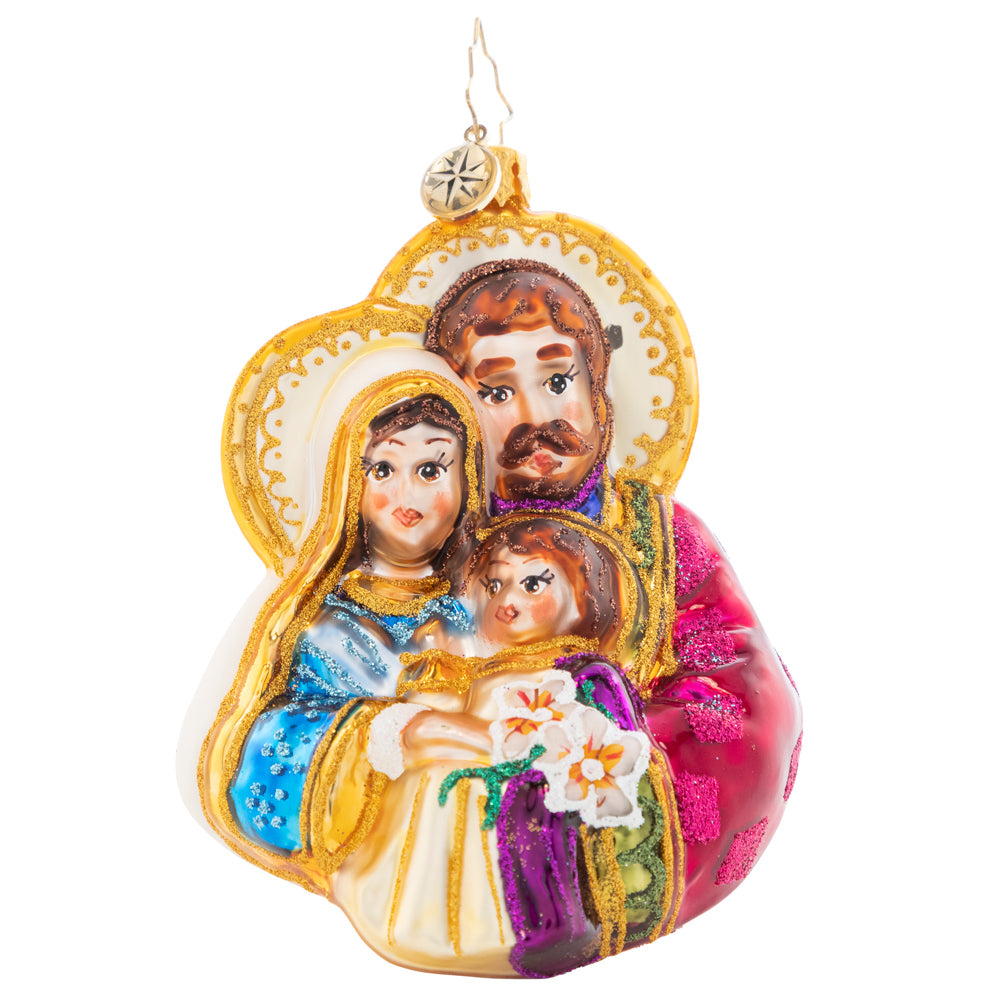 Front - Ornament Description - The Love of a Family: Rejoice! Mary and Joseph cradle baby Christ, reveling in his light and the love of a family.