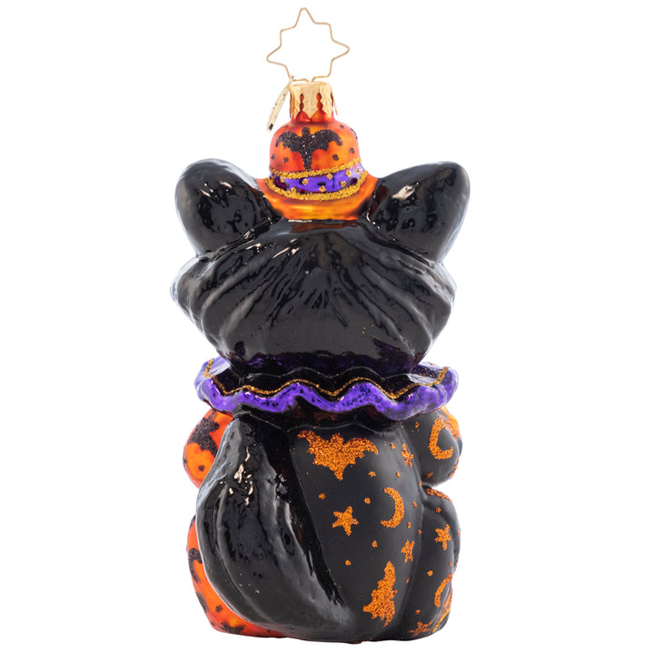 Back - Ornament Description - Dapper Black Cat: A little trick-or-treater in peak Halloween style with this fancy feline smile! This cat has a basket that is quite handy for filling it to the top with loads of candy!