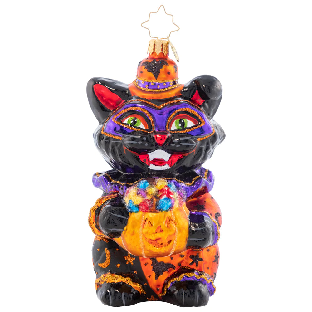 Front - Ornament Description - Dapper Black Cat: A little trick-or-treater in peak Halloween style with this fancy feline smile! This cat has a basket that is quite handy for filling it to the top with loads of candy!