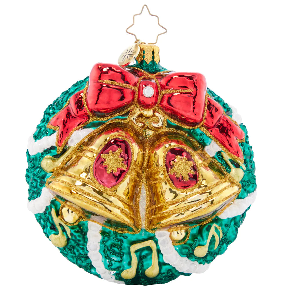 Front - Ornament Description - Christmas Bells: Charmingly chiming with Christmas cheer, these beautiful golden bells add unique musicality to this classic evergreen wreath.