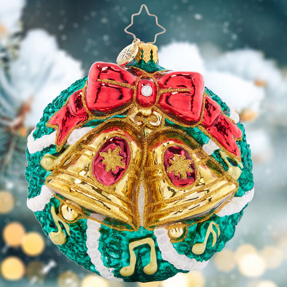 Ornament Description - Christmas Bells: Charmingly chiming with Christmas cheer, these beautiful golden bells add unique musicality to this classic evergreen wreath.