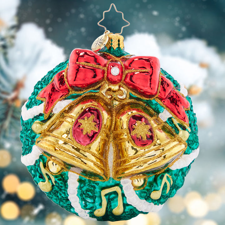Ornament Description - Christmas Bells: Charmingly chiming with Christmas cheer, these beautiful golden bells add unique musicality to this classic evergreen wreath.