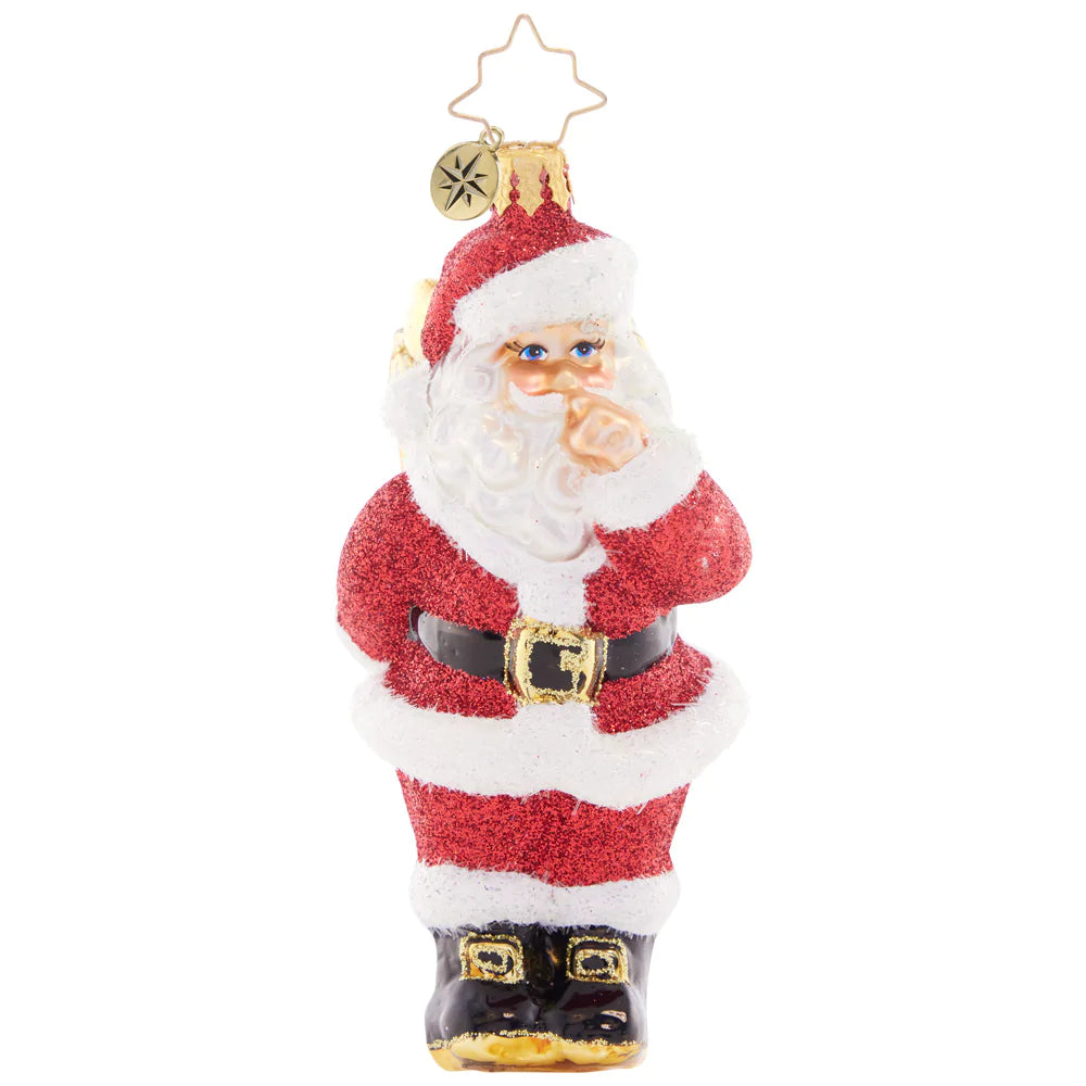 Front - Ornament Description - Santa's Big Surprise: Looks like Santa has a secret – a glorious green gift hidden behind his back! He's ready to share the Christmas cheer by presenting this well-packed parcel.