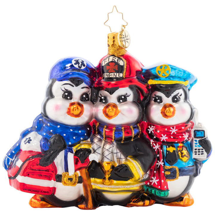 Front - Ornament Description - First Responder Charity: A service trio that'll handle any winter emergency with the most dedicated urgency. No matter the bad weather, this penguin flock will always stick together. A percentage of the sales from this ornament will benefit a charity that supports first responders.