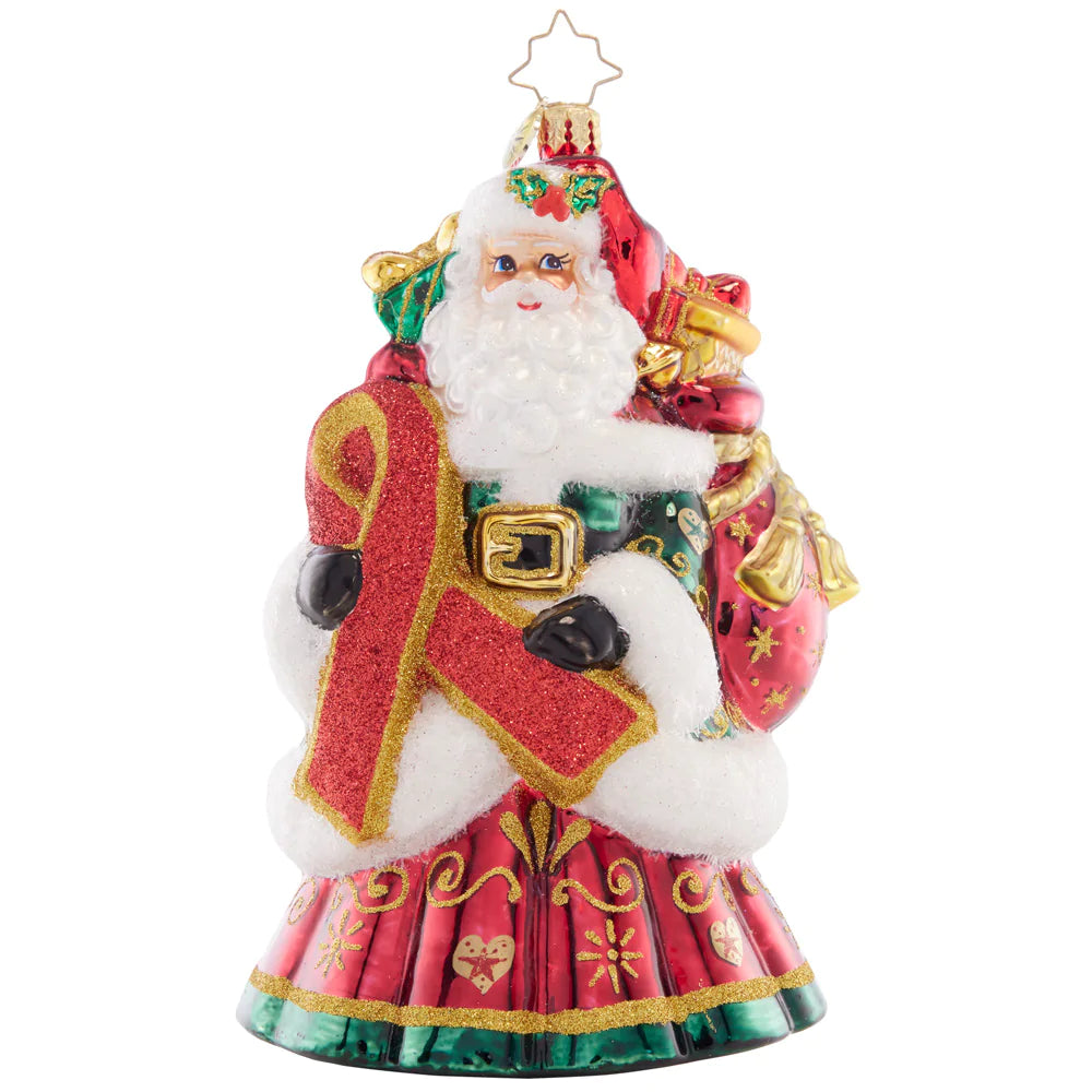 Front - Ornament Description - Heart of Holiday Giving: Bearing a beautiful red ribbon, this Santa is a symbol of compassion and awareness for those affected by the AIDS virus. A percentage of proceeds from the sale of this ornament will benefit AIDS research.