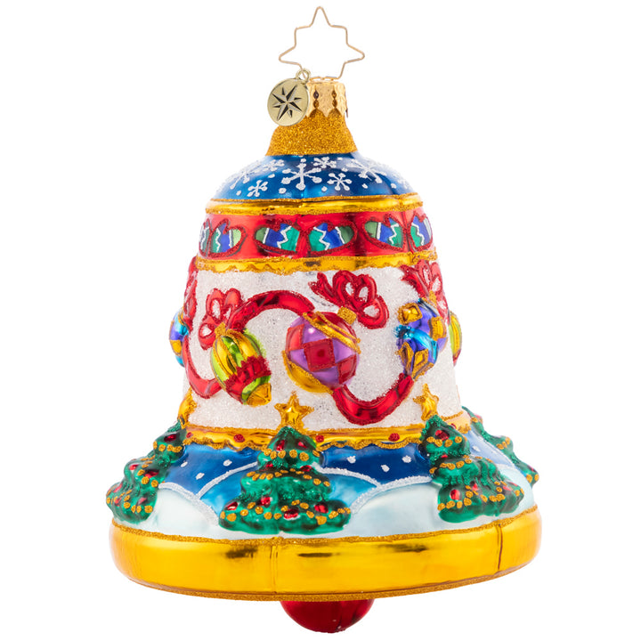 Back - Ornament Description - Well Decorated Bell: This beautiful bell features Christmas décor abound – tastefully trimmed trees, sparkling ornaments on garland, and delicate winter snowflakes. Ring in a cheerful holiday with this intricate piece!