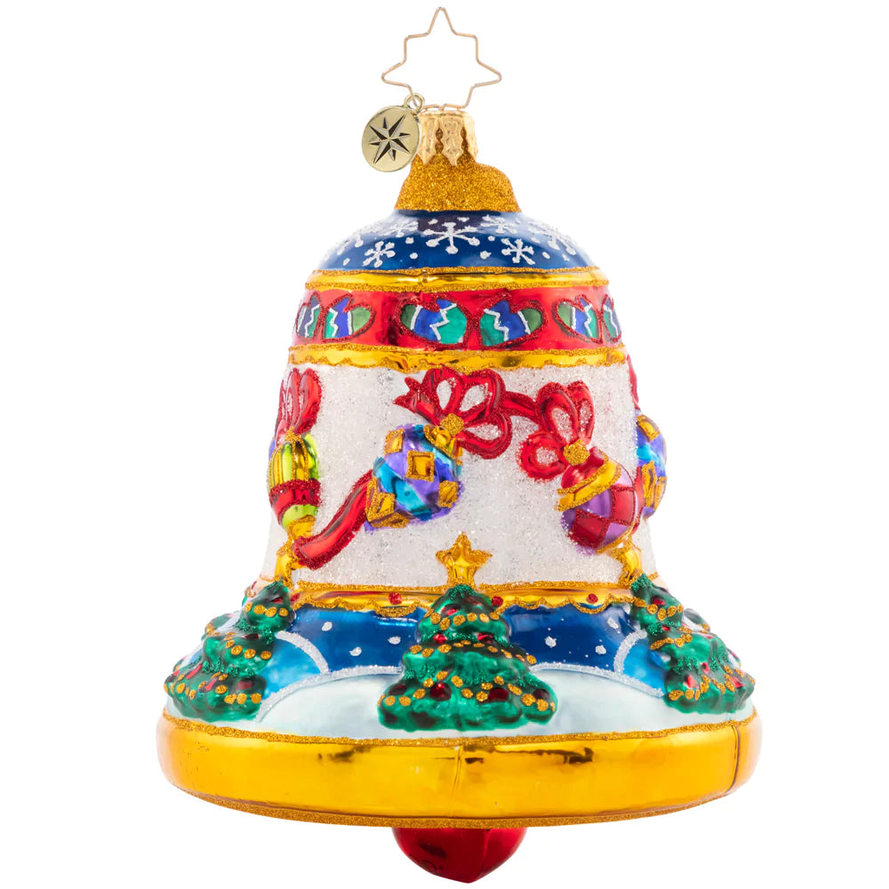Front - Ornament Description - Well Decorated Bell: This beautiful bell features Christmas décor abound – tastefully trimmed trees, sparkling ornaments on garland, and delicate winter snowflakes. Ring in a cheerful holiday with this intricate piece!
