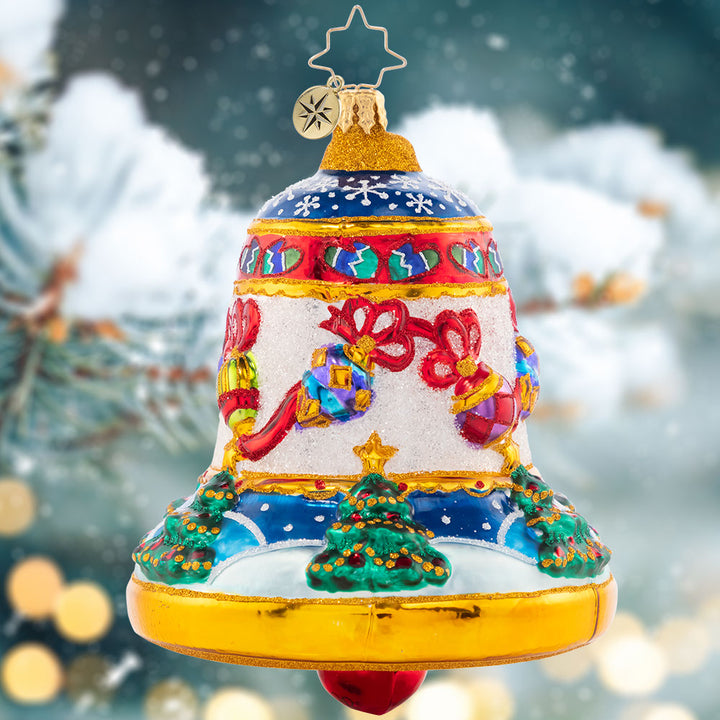 Ornament Description - Well Decorated Bell: This beautiful bell features Christmas décor abound – tastefully trimmed trees, sparkling ornaments on garland, and delicate winter snowflakes. Ring in a cheerful holiday with this intricate piece!