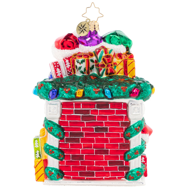Back - Ornament Description - Fireplace High Jinks: Santa has all hands on deck this year – with a team of Christmas elves ready to help him spread cheer! This cozy fireplace is bedecked with gifts galore, making an adorable addition to your collection.