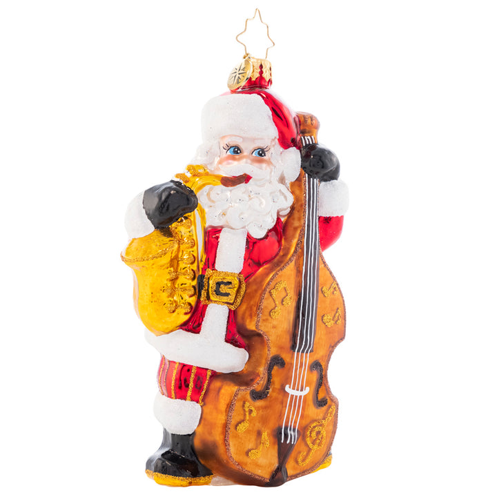 Front - Ornament Description - Merry Music Maker: Holding a saxophone and a standing bass, this Santa sure is extra jazzy! Adorn your tree with this whimsical piece and celebrate the songs of the holiday season.