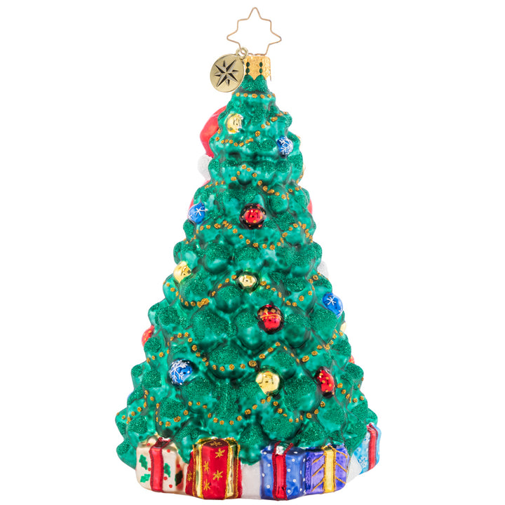 Back - Ornament Description - Santa's Best Friend - 2023: What better way to celebrate Christmas than with your best furry friend? Santa and Fido gather 'round the tree, ready to open presents and enjoy a cheerful holiday.