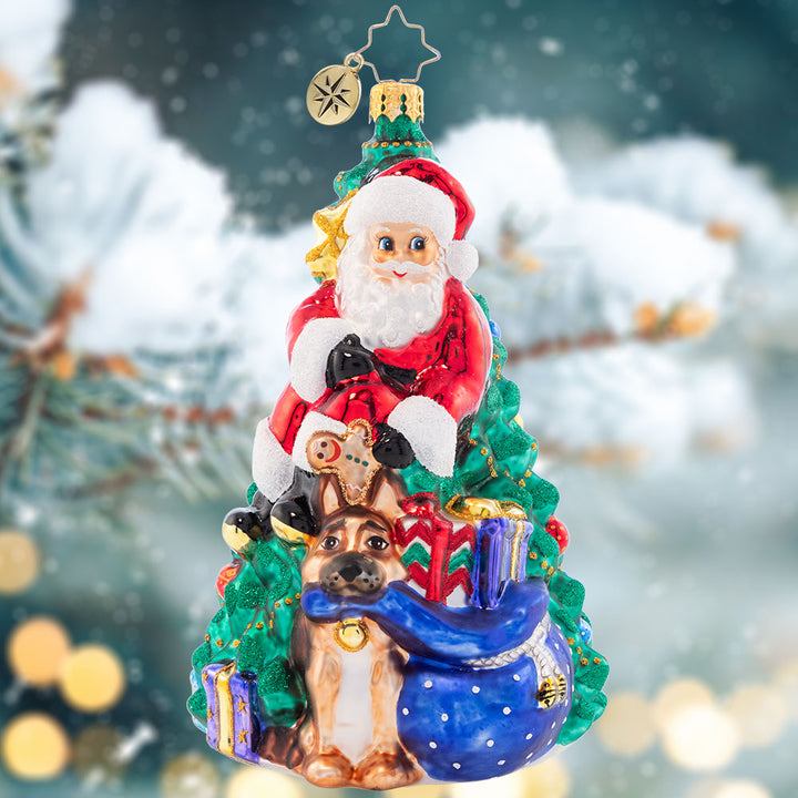 Ornament Description - Santa's Best Friend - 2023: What better way to celebrate Christmas than with your best furry friend? Santa and Fido gather 'round the tree, ready to open presents and enjoy a cheerful holiday.