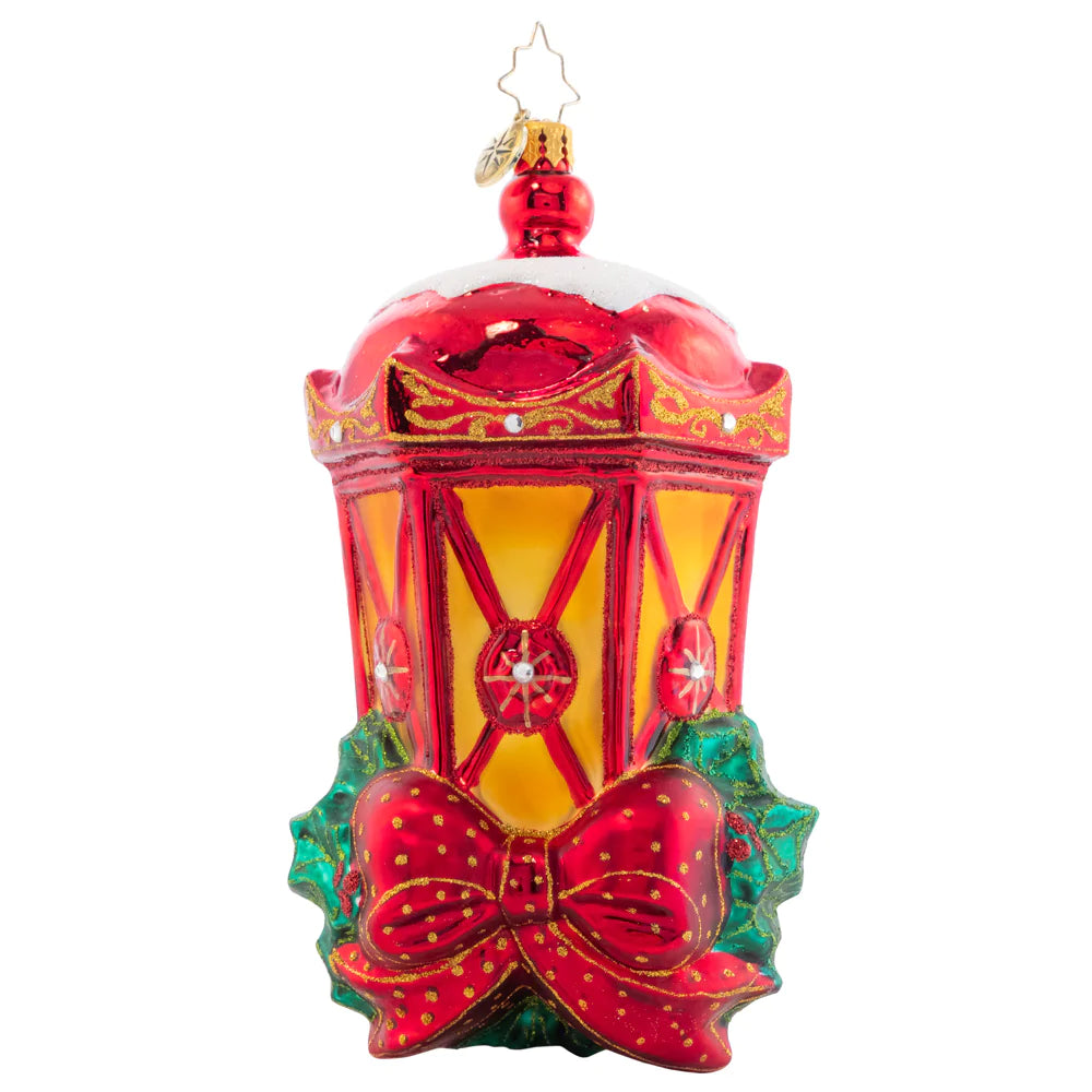 Front - Ornament Description - Holiday Glow: This lantern is bright with a glowing light, ready to guide you through the night. A perfect piece to bring warmth and classic holiday style to your Christmas tree.