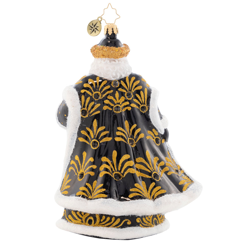 Back - Ornament Description - Ebony Elegance Santa: A luxurious peacock design adorns this elegant Santa who enjoys the finer things in life. This fancy Santas is sure to spruce up any tree with decadent ebony and lavish gold hues!