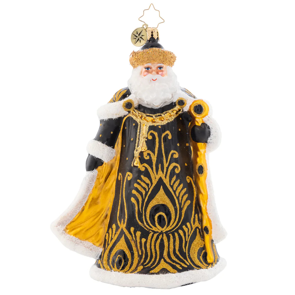 Front - Ornament Description - Ebony Elegance Santa: A luxurious peacock design adorns this elegant Santa who enjoys the finer things in life. This fancy Santas is sure to spruce up any tree with decadent ebony and lavish gold hues!