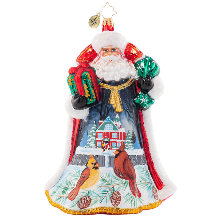 Front - Ornament Description - Santa's Snowy Scene - 2023!: Stunning as ever in a star-studded coat, Santa turns to reveal a beautiful snowy Christmas scene. Two little birds perch outside of a cozy cottage, waiting to see what Santa brought for Christmas!