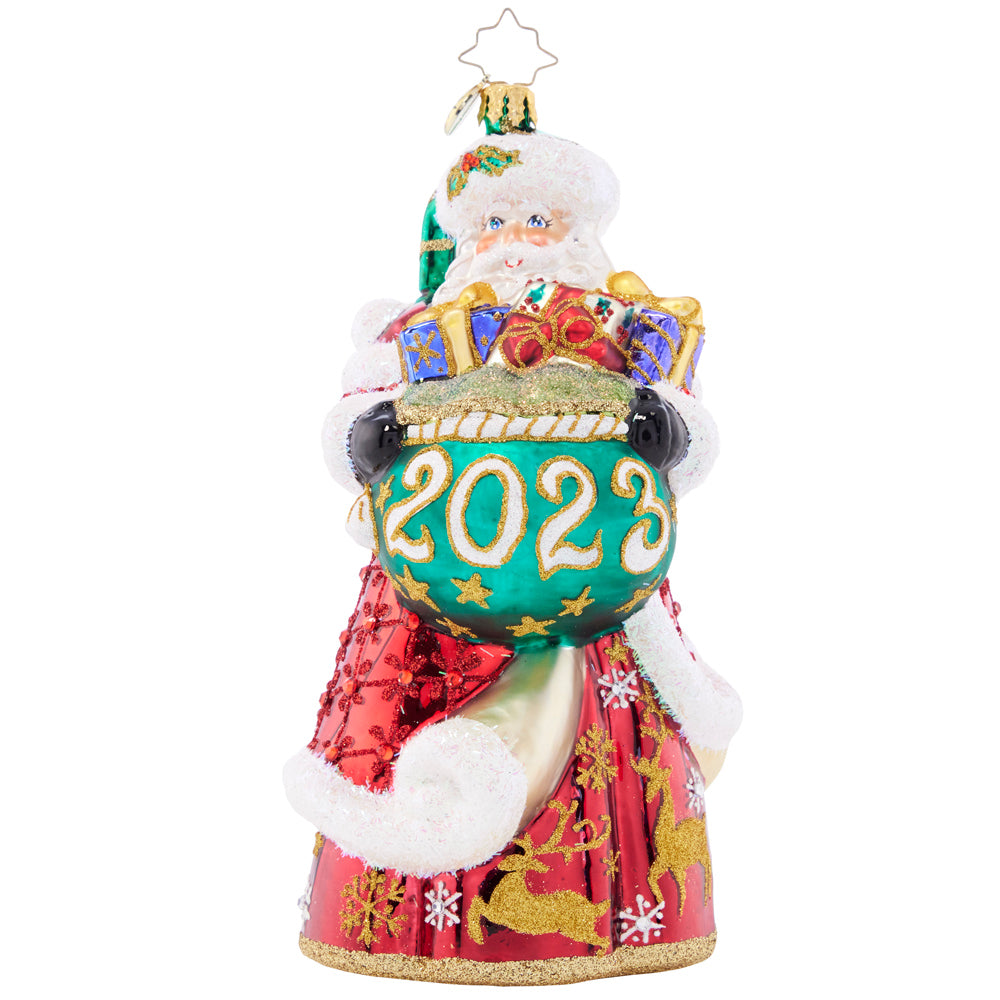 Front - Ornament Description - New Year Nice List: St. Nick spreads kindness and cheer throughout the year. Stepping into 2023 with a crimson coat adorned with golden deer!