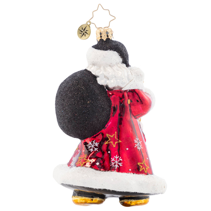 Back - Ornament Description - Jolly Jewel-Toned Santa: Jauntily-dressed in a jewel-toned jacket and stylish black hat, Santa strolls along to make his next gift delivery! Sure to stand out, add this unique piece to your ornament collection this year.