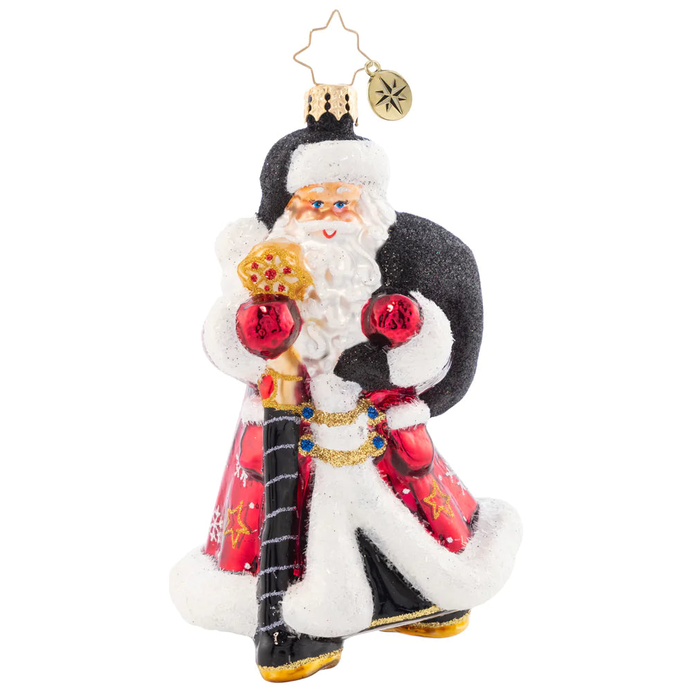 Front - Ornament Description - Jolly Jewel-Toned Santa: Jauntily-dressed in a jewel-toned jacket and stylish black hat, Santa strolls along to make his next gift delivery! Sure to stand out, add this unique piece to your ornament collection this year.