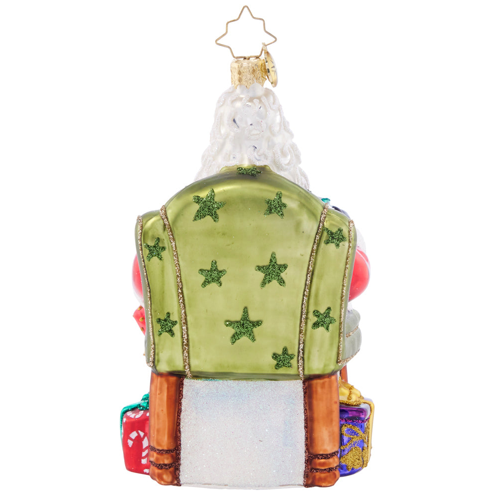 Back - Ornament Description - Break Time Santa: Hats off to a much needed coffee break! Santa takes a moment to sit back and relax with a steaming hot cup of joe before returning to his important present wrapping tasks.