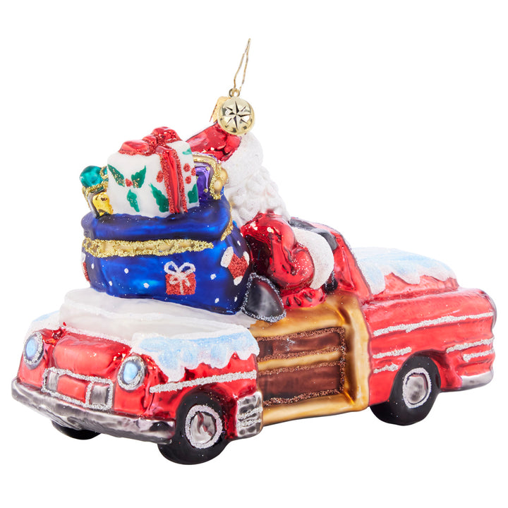 Back - Ornament Description - Christmas Cruiser: Santa is riding by in wood-paneled whimsy with this cool Christmas cruiser. This awesome automobile doubles as a sleigh and a sweet ride!