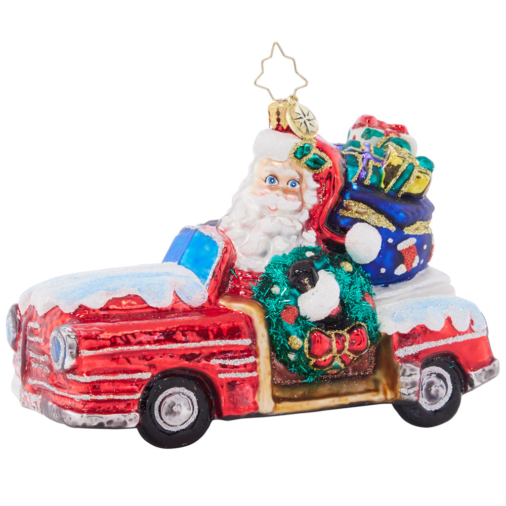 Front - Ornament Description - Christmas Cruiser: Santa is riding by in wood-paneled whimsy with this cool Christmas cruiser. This awesome automobile doubles as a sleigh and a sweet ride!
