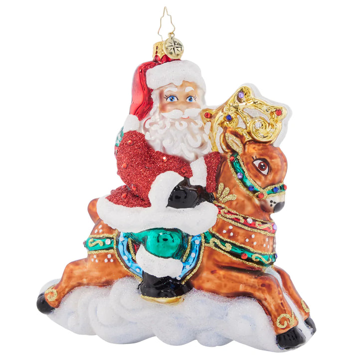 Front - Ornament Description - Giddy Up Santa: Santa is priming his reindeer for a speedy sleigh ride on Christmas Eve, so he's going out for a test run with dashing Donner! They're fiending to fly through the holiday night sky.