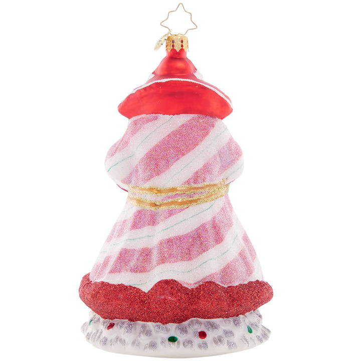 Back - Ornament Description - Peppermint Sparkle Nicholas: This stunningly sweet Santa is wishing you a merry Christmas and a plethora of peppermint dreams. His candy-colored coat is as cute as a Christmas cookie!