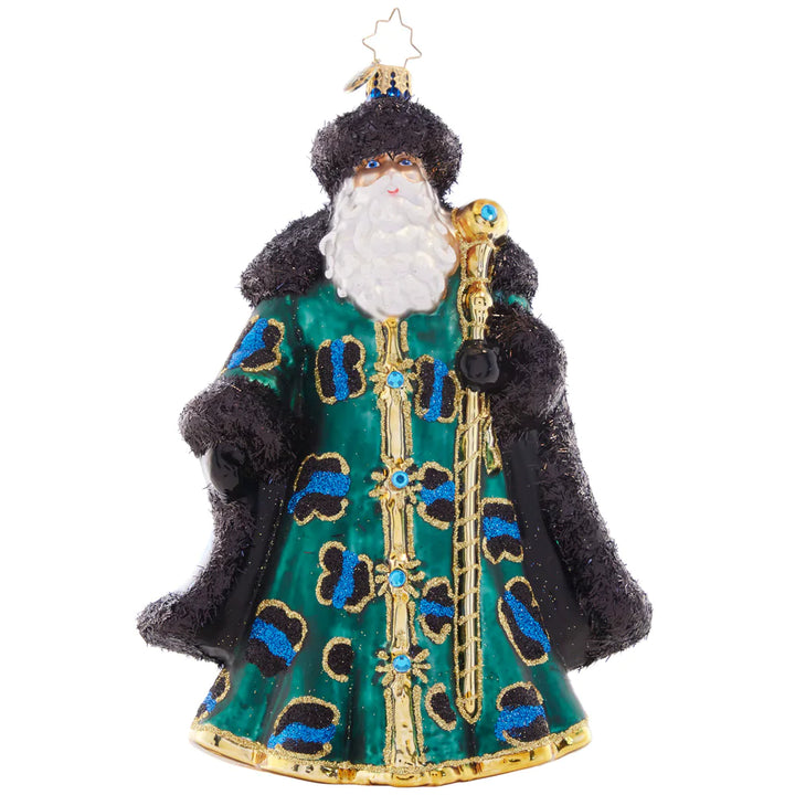 Front - Ornament Description - Fierce & Fashionable Santa: Striking as ever in a fur-lined, leopard-spotted robe, this swanky Santa is ready for the most glamorous of Christmas soirées.